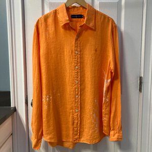 Ralph Lauren Orange 100% Linen Blue Marlin Long Sleeve Button Down Shirt Size XL